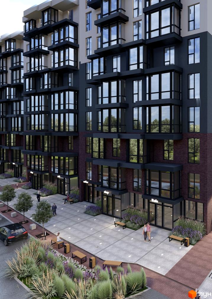 Зовнішній вигляд будівлі ЖК Науковий з великими вікнами та балконами. На прибудинковій території розташовані дерева, лави та доріжки для пішоходів.