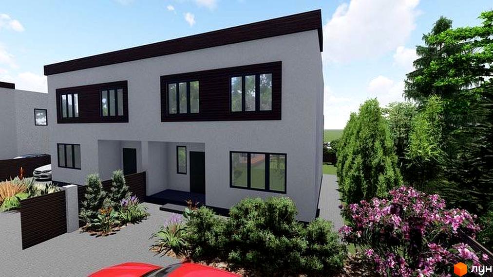 Зображення двоповерхового будинку з білими стінами та темними вікнами, з доглянутим газоном та рослинами на прибудинковій території. Дуплекси Флагман Хутори.