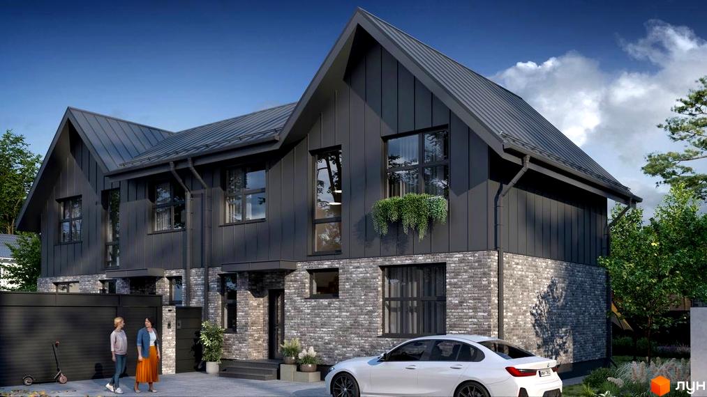 Дуплекси на Булгакова: Темно-сірий фасад з цегляним низом, вертикальною обшивкою та великими вікнами. На подвір'ї припарковано авто, є зелені насадження.