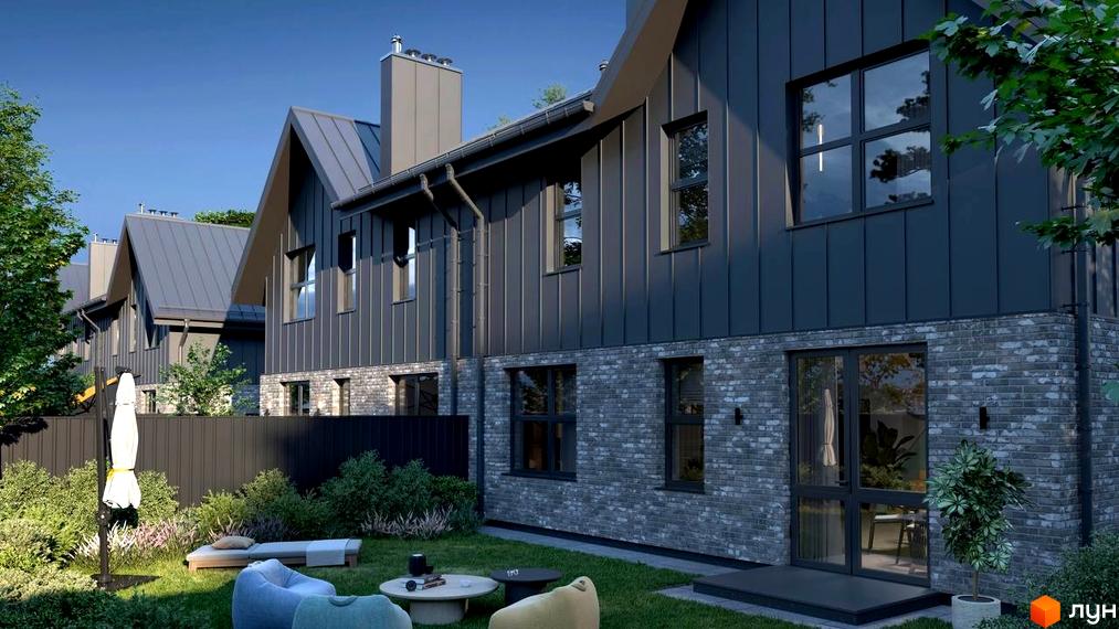Зображення будинку житлового комплексу з темним фасадом та великими вікнами. На прибудинковій території газон, тераса з меблями та рослини.
