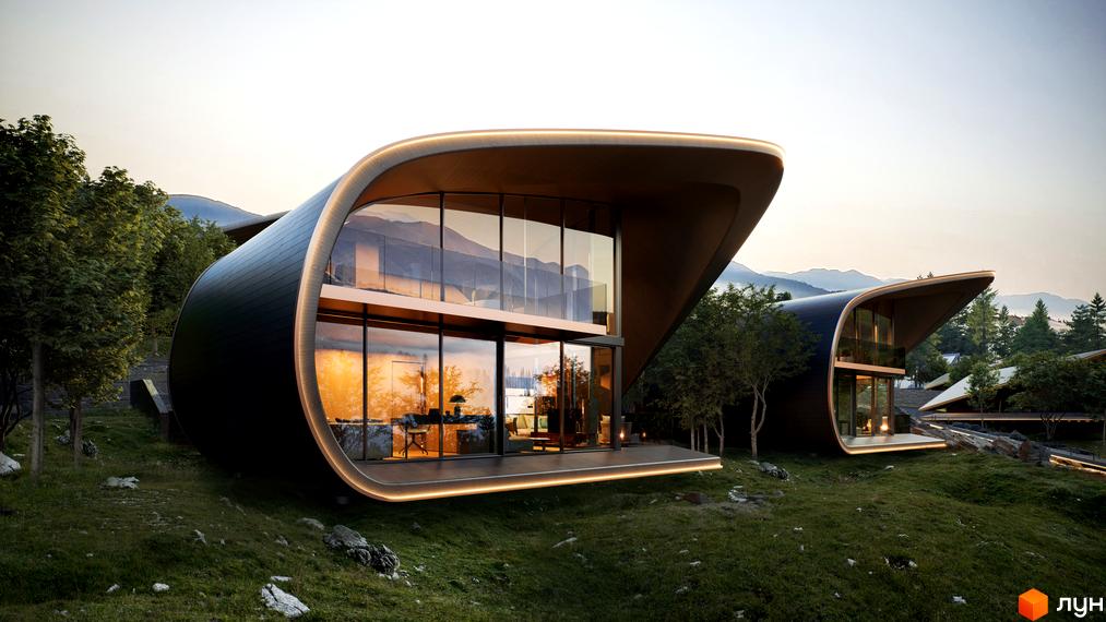 Зображення Котеджного містечка Dzen Residence з незвичайною архітектурою. Будинки розташовані серед зелених насаджень.