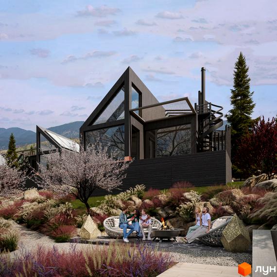 Котеджне містечко КМ Dzen Residence: сучасний будинок з великими вікнами та терасою, оточений ландшафтним дизайном з квітами та камінням.