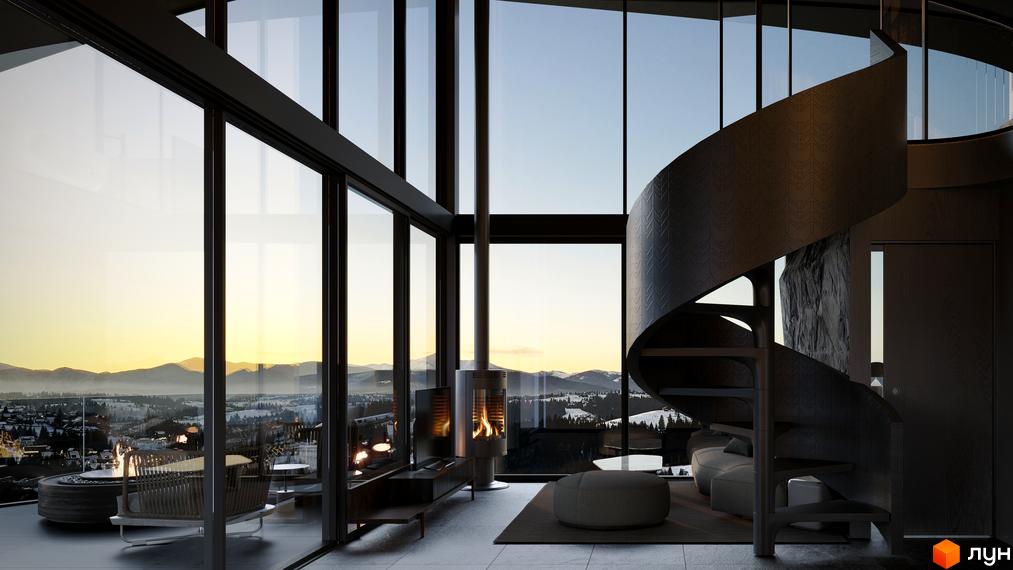 Інтер'єр вітальні з панорамними вікнами та спіральними сходами в КМ Dzen Residence, що відкривають вид на гірський пейзаж.