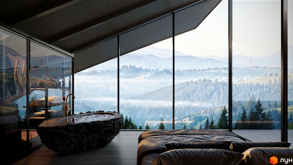 КМ Dzen Residence: розкішна спальня з панорамним видом на гори та ванна кімната з кам'яною ванною. Насолоджуйтесь спокоєм та красою природи.