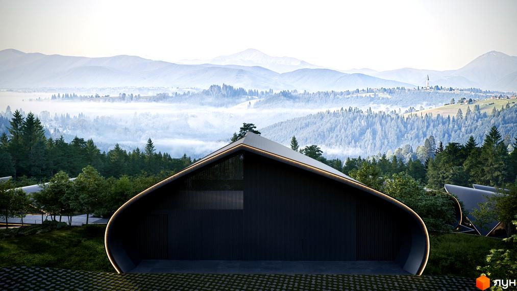 Котеджне містечко Dzen Residence з унікальною архітектурою на тлі гірського пейзажу. Навколо комплексу розташований зелений ліс та доглянута прибудинкова територія.