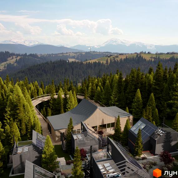 Котеджне містечко КМ Dzen Residence з дерев'яною оглядовою доріжкою та будинками серед лісу. Навколо комплексу густий хвойний ліс та гори.