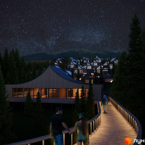 Зображення Котеджного містечка Dzen Residence вночі. Вид на будинок з дерев'яним фасадом та освітленою пішохідною зоною.