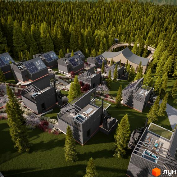 Котеджне містечко КМ Dzen Residence з сучасними будинками, розташоване серед лісу з доглянутою прибудинковою територією та зонами відпочинку.