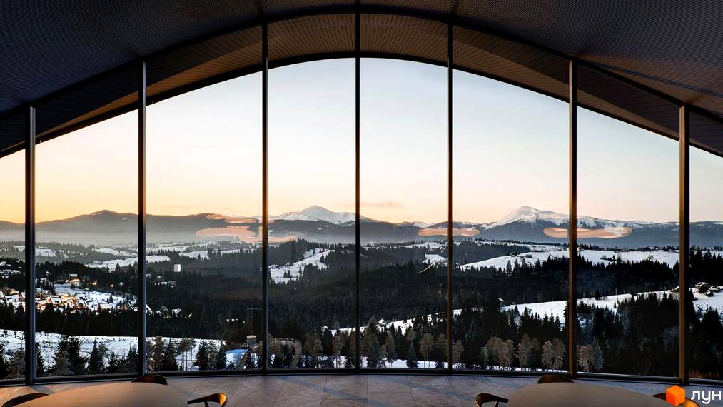 КМ Dzen Residence: панорамний вид з вікон на засніжені гори та ліс. Розкішний житловий комплекс з видом на природу.