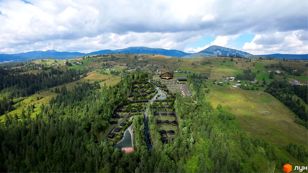 Котеджне містечко КМ Dzen Residence з сучасними будинками серед лісу та гір, з доглянутою територією та інфраструктурою.