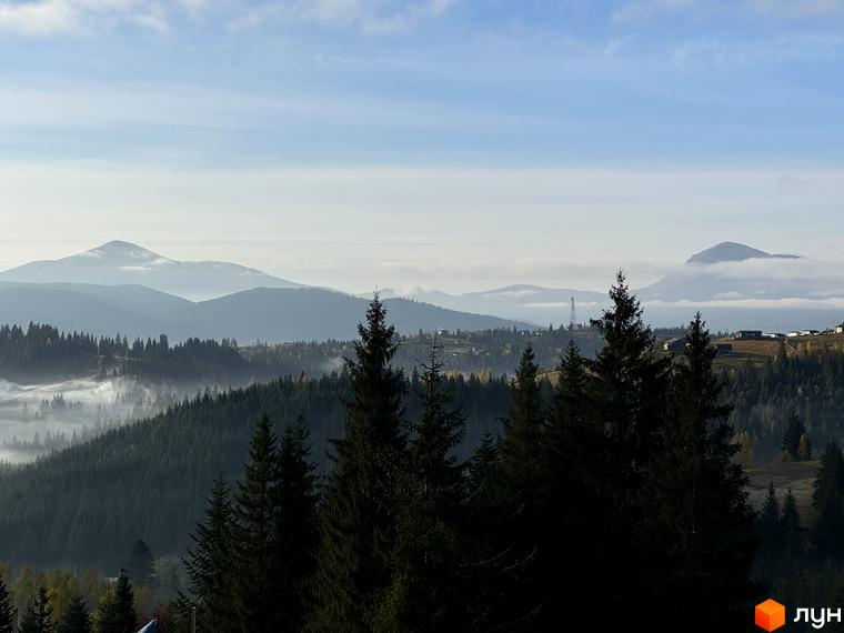 Вид на Котеджне містечко Dzen Residence серед гір та лісу. Навколо будівель зелені насадження та туман.