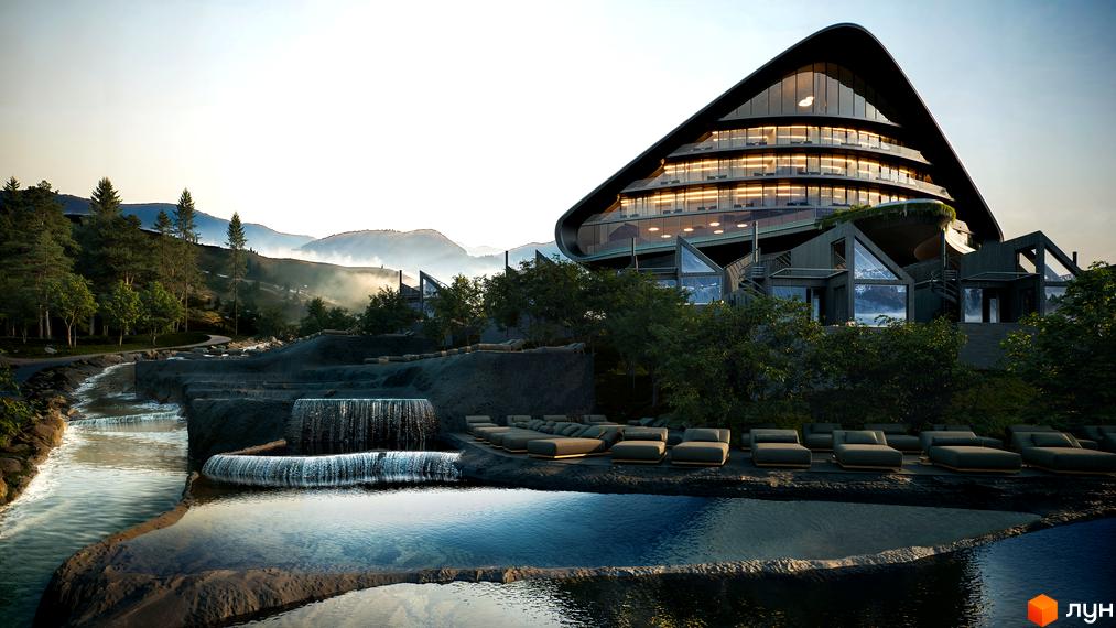 Зображення Котеджного містечка Dzen Residence з незвичайною архітектурою. Навколо будинку басейни, водоспади та зелена територія.