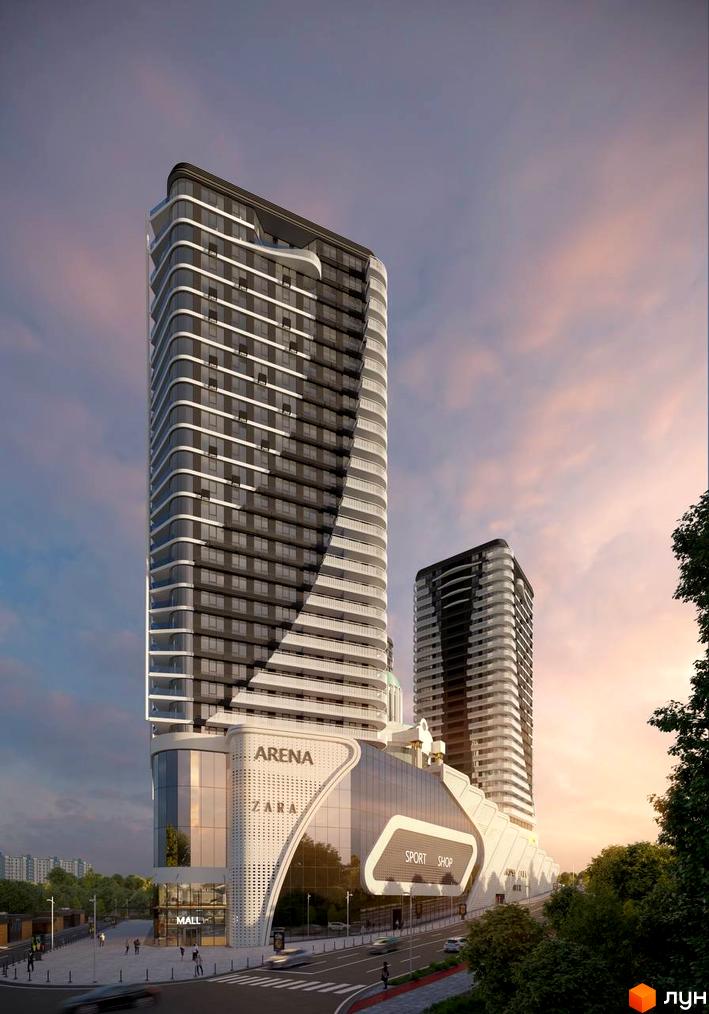 Житловий комплекс Aura city з футуристичною архітектурою та комерційними приміщеннями на перших поверхах. Навколо комплексу облаштована прибудинкова територія з дорогою та пішохідними зонами.