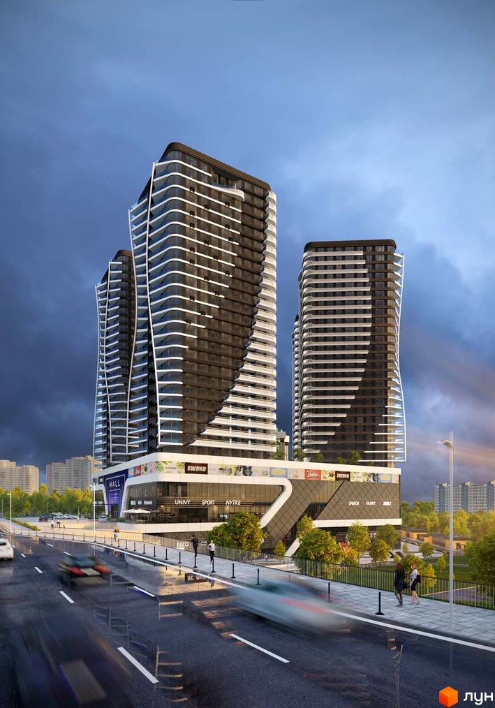 Комплекс Aura city з вигнутими фасадами та скляними балконами, розташований біля дороги з автомобілями та пішохідною зоною.