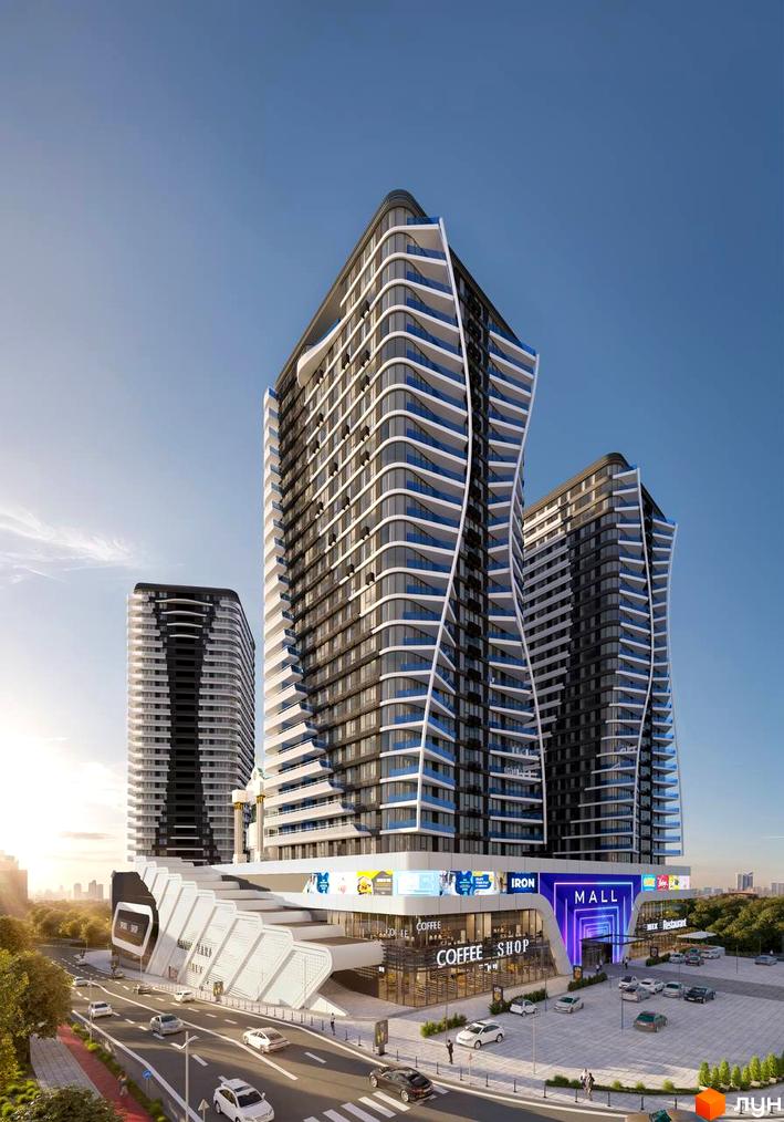 Aura city – це житловий комплекс з футуристичною архітектурою та хвилястими фасадами, що домінує над міським ландшафтом. Навколо комплексу розташовані дороги з автомобілями та зелені насадження.