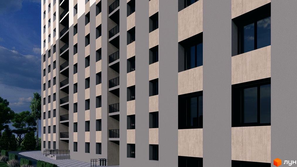 Фасад Житлового комплексу Браво з сірими та світлими панелями, темними вікнами та балконами. Поруч зелені насадження та вимощена доріжка.