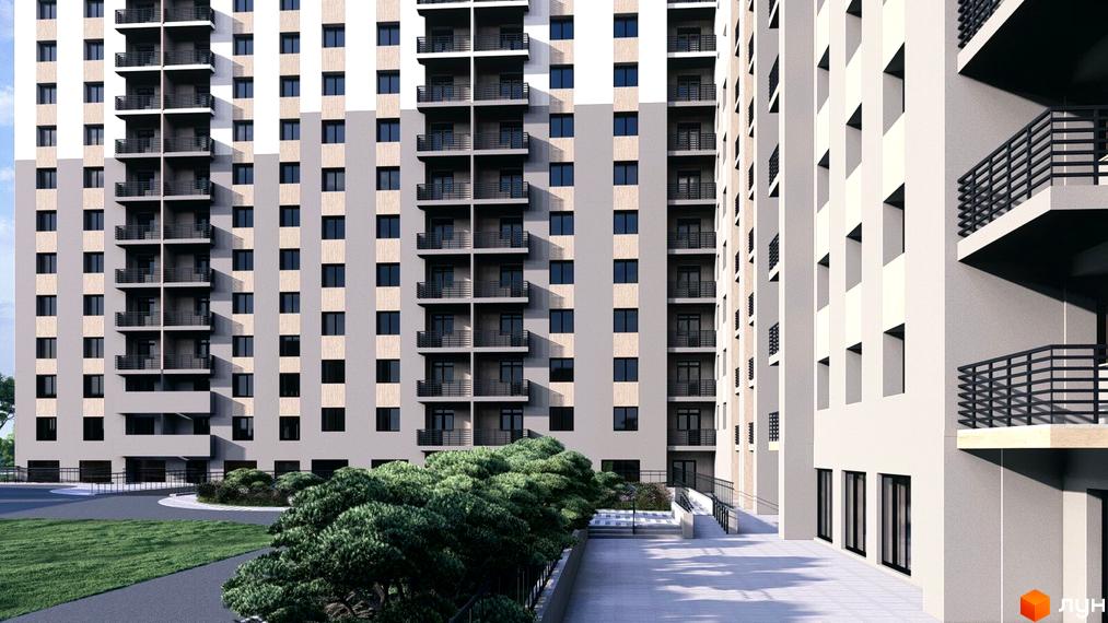 Житловий комплекс Браво: багатоповерховий будинок зі світло-сірим та бежевим фасадом, балконами. Прибудинкова територія з газоном, доріжками та кущами.