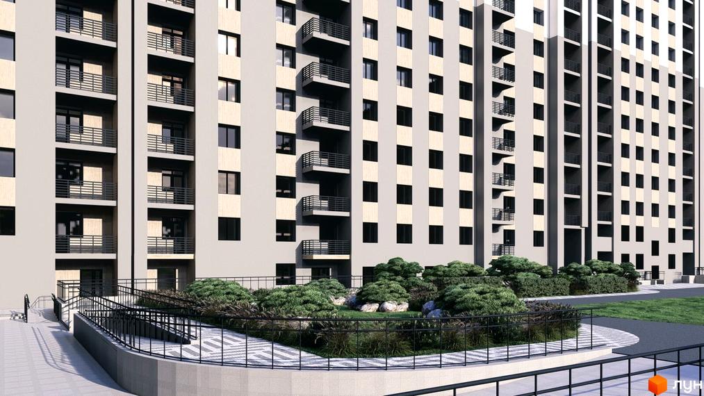 Житловий комплекс Браво: багатоповерховий будинок зі світлими фасадами, темними балконами та доглянутою прибудинковою територією з зеленню.