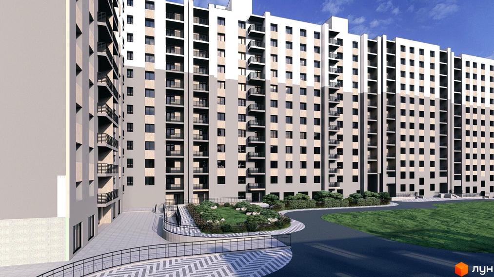 Житловий комплекс Браво: багатоповерховий будинок з двоколірним фасадом та балконами, оточений вимощеними доріжками та зеленими насадженнями.