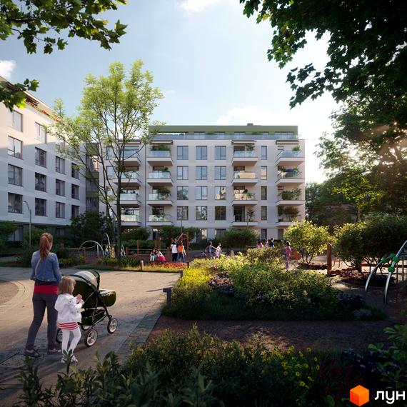 Зображення фасаду та прибудинкової території Житлового комплексу Residence City. На подвір'ї розташований дитячий майданчик.