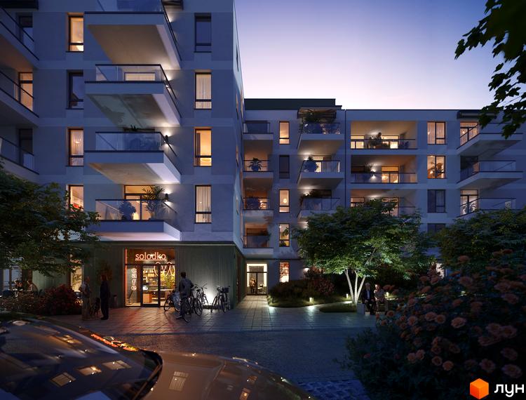 Зображення фасаду та прибудинкової території Residence City. Багатоповерховий будинок з балконами, освітленням та зеленими насадженнями.