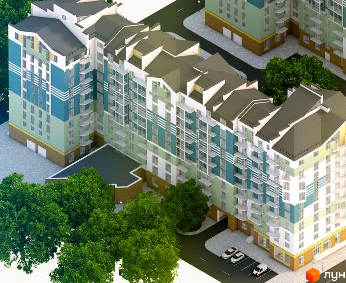 Зображення житлового будинку на вул. Івасюка, 2. Багатоповерхова будівля з балконами, поруч дерева та парковка.