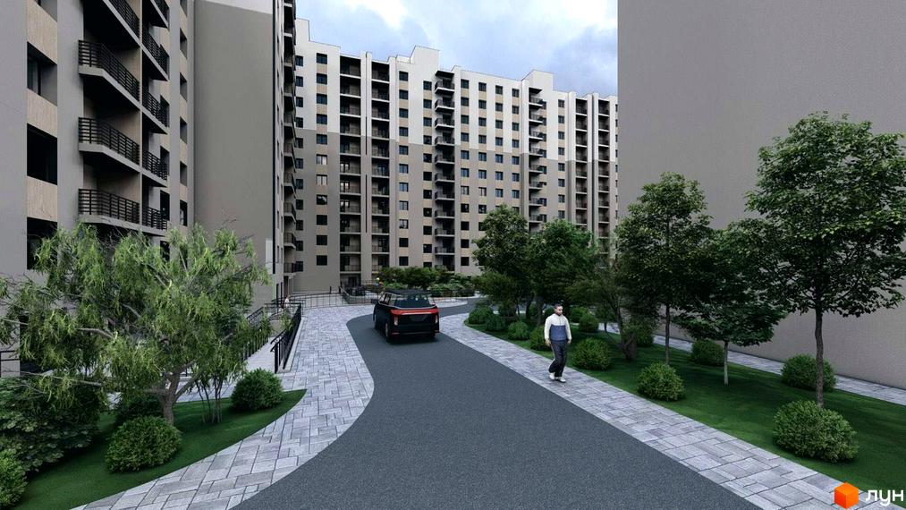 Житловий комплекс Браво має багатоповерхові будинки світло-сірого та темно-сірого кольорів з балконами. Прибудинкова територія облаштована доріжками, зеленими насадженнями та проїзною частиною.