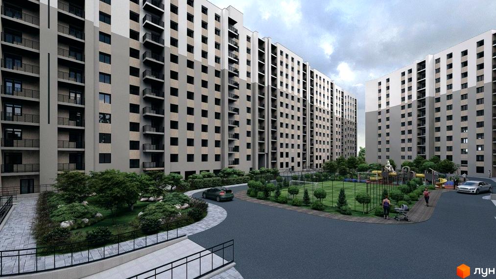 Житловий комплекс Браво: багатоповерхові будинки з двоколірними фасадами, оточені зеленими насадженнями, дитячим та спортивним майданчиками.