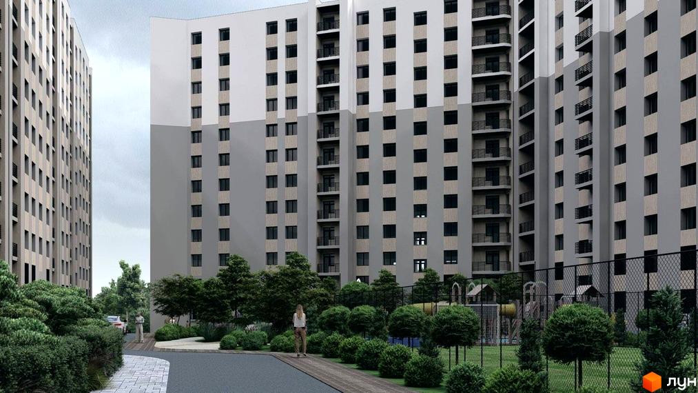 Вигляд багатоповерхових житлових будинків Житлового комплексу Браво з прибудинковою територією, зеленими насадженнями та дитячим майданчиком.