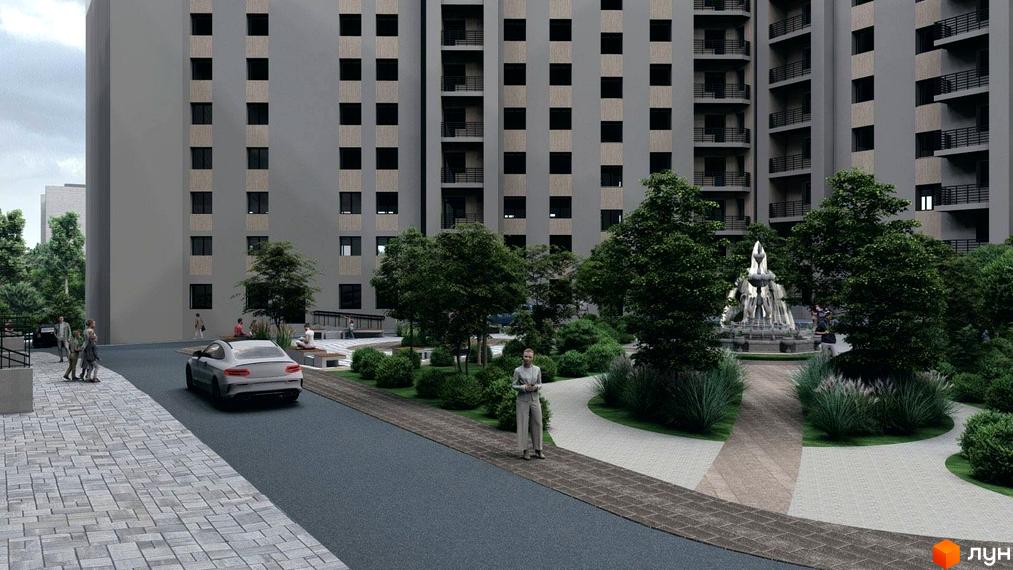 Високі сірі будинки Житлового комплексу Браво з численними вікнами та балконами. Прибудинкова територія має зелені насадження, фонтан та пішохідні доріжки.