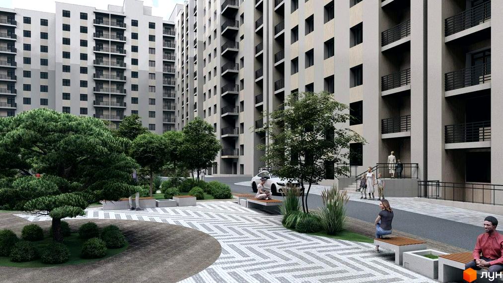 Житловий комплекс Браво: багатоповерхові будинки з балконами та внутрішній двір з зеленими насадженнями, лавками та пішохідними доріжками.