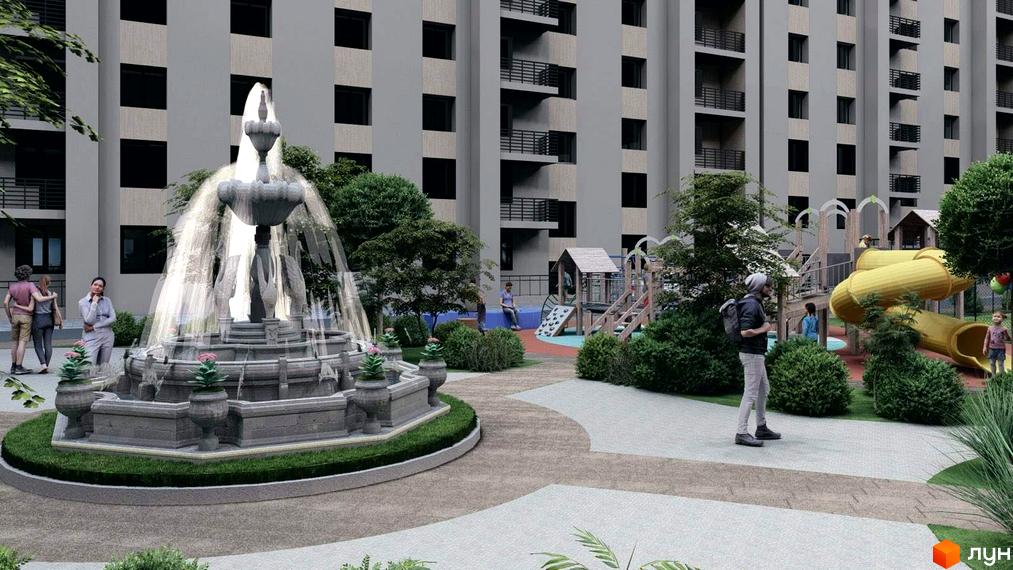Житловий комплекс Браво з багатоповерховими будинками, фонтаном та дитячим майданчиком на прибудинковій території.