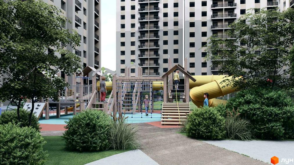 Багатоповерхові будинки Житлового комплексу Браво з сірими фасадами та балконами. На передньому плані дитячий майданчик з гірками та зелені насадження.