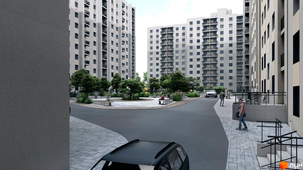 Житловий комплекс Браво: багатоповерхові будинки світлих відтінків з балконами. На прибудинковій території багато зелені, доріжки та місця для відпочинку.