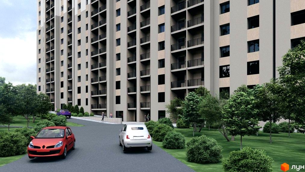 Житловий комплекс Браво: багатоповерховий будинок з світло-сірим фасадом та темними балконами. Прибудинкова територія з зеленими насадженнями та дорогою.