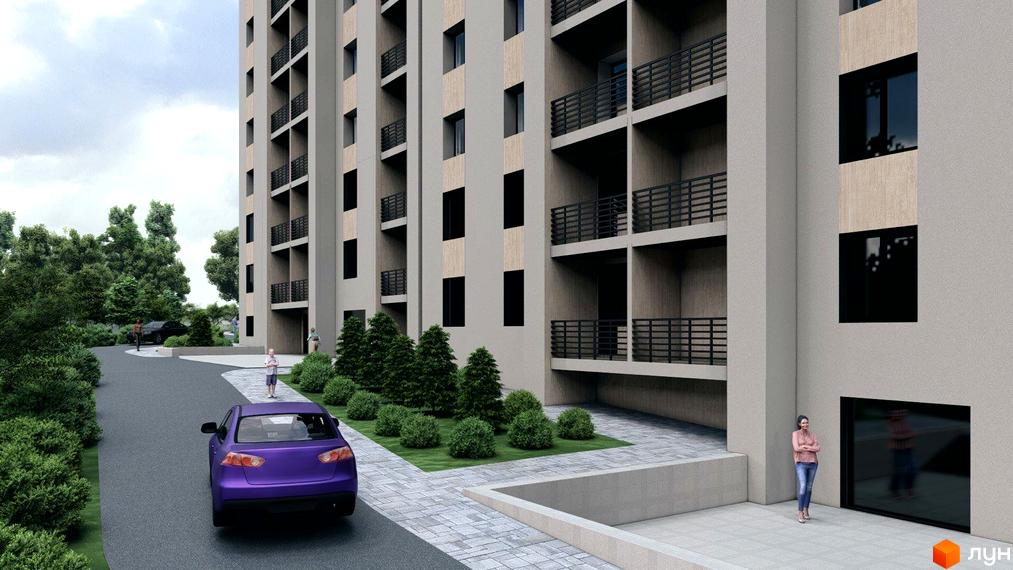 Житловий комплекс Браво: багатоповерховий будинок зі світло-сірим фасадом, темними вікнами та балконами. Прибудинкова територія з доріжками та озелененням.