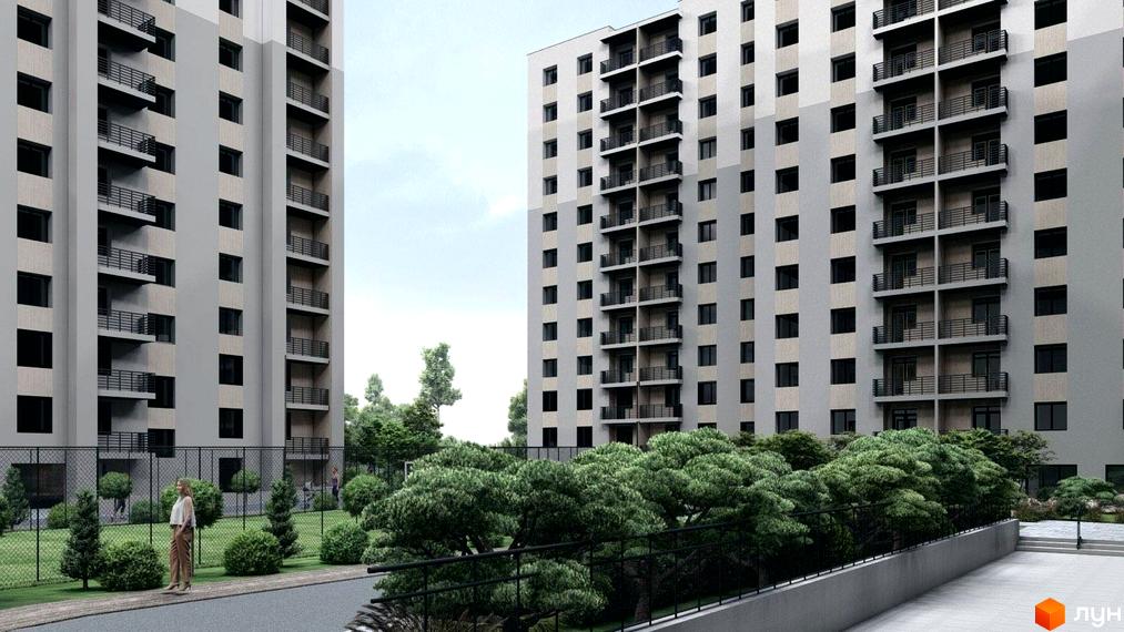 Житловий комплекс Браво. Високі житлові будинки з балконами та вікнами, оточені доглянутою прибудинковою територією з зеленими деревами та кущами.