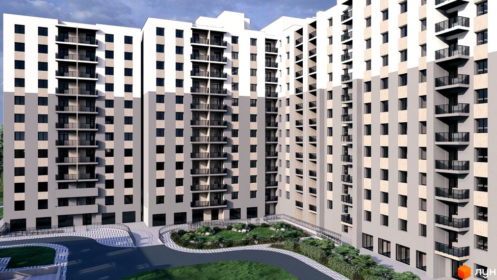 Житловий комплекс Браво. Фасад багатоповерхового будинку виконаний у світлих тонах з балконами, а прибудинкова територія має озеленення та доріжки.