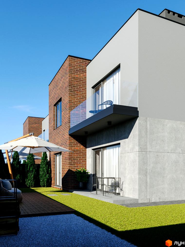 Таунхауси Chelsea Town з цегляним фасадом та сірими бетонними елементами. Прибудинкова територія з газоном, терасою та парасолькою.