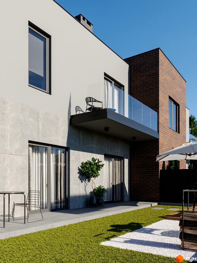 Таунхауси Chelsea Town – двоповерховий будинок з цегляною обробкою та балконом, зелений газон та зона відпочинку з парасолькою.