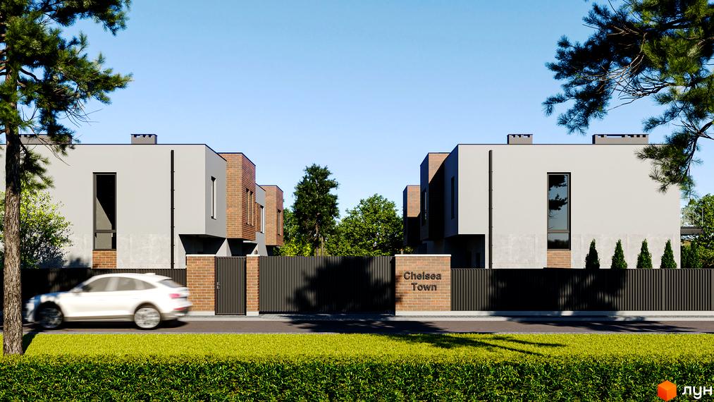 Таунхауси Chelsea Town з цегляними та сірими фасадами, вікнами та парканом на тлі дерев. Зовнішній вигляд будівель та прибудинкової території.