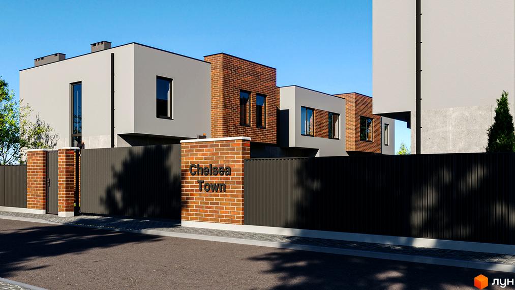 Зображення фасаду таунхаусів Chelsea Town з цегляними та сірими стінами, чорним парканом та в'їздом. На передньому плані - назва житлового комплексу.