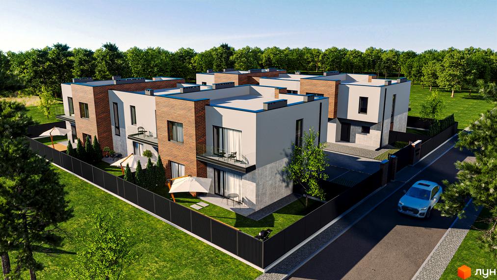 Зображення таунхаусів Chelsea Town. Будинки з білими фасадами, комбінованими з цегляною кладкою, мають плоскі дахи. На території є газон, дерева та чорний паркан.