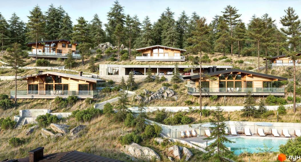 Котеджне містечко Veres Hill: дерев'яні будинки на схилі гори з панорамними вікнами, терасами та басейном з шезлонгами.