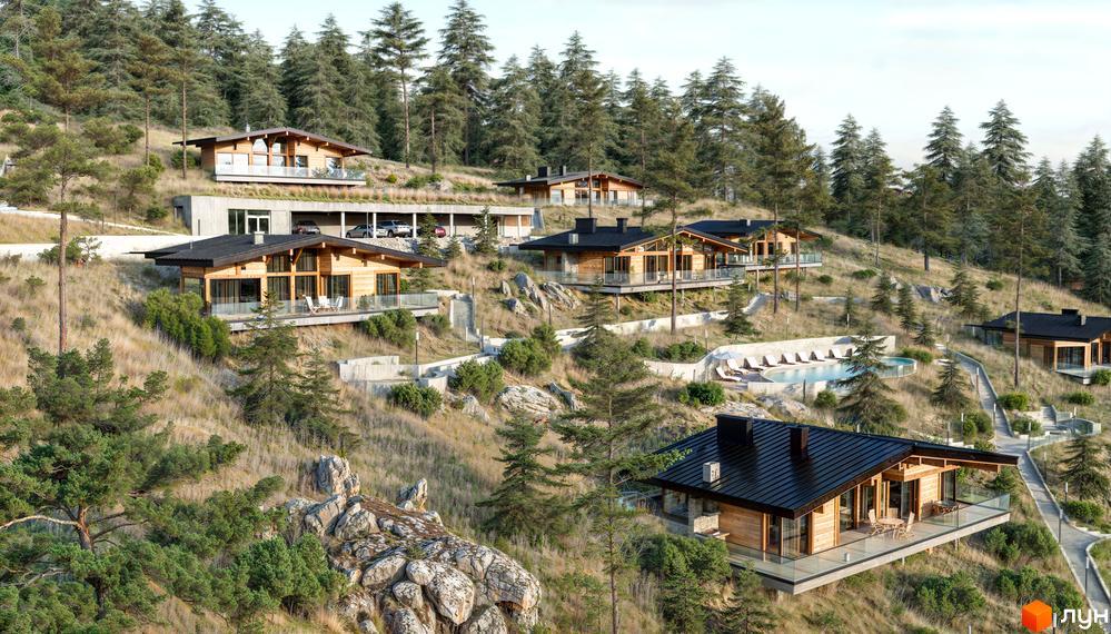 Котеджне містечко КМ Veres Hill: дерев'яні будинки з панорамними вікнами на схилі гори, басейн та зони відпочинку.