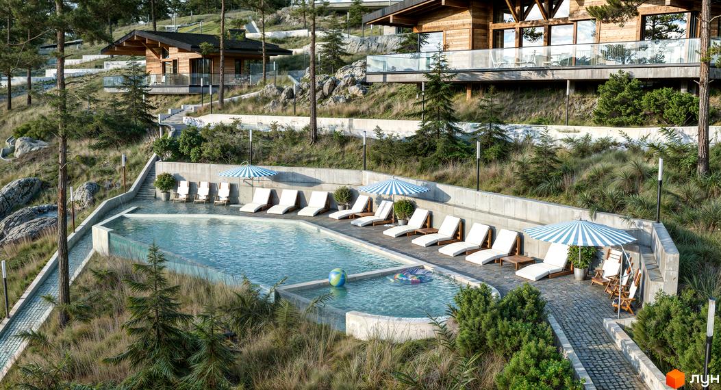 Котеджне містечко Veres Hill з басейном та шезлонгами на схилі гори. Сучасна архітектура будинків з дерева та скла.