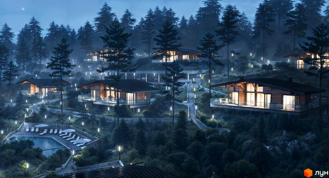 Котеджне містечко Veres Hill: дерев'яні будинки з панорамними вікнами розташовані на схилі пагорба серед сосен, з басейном та зоною відпочинку.