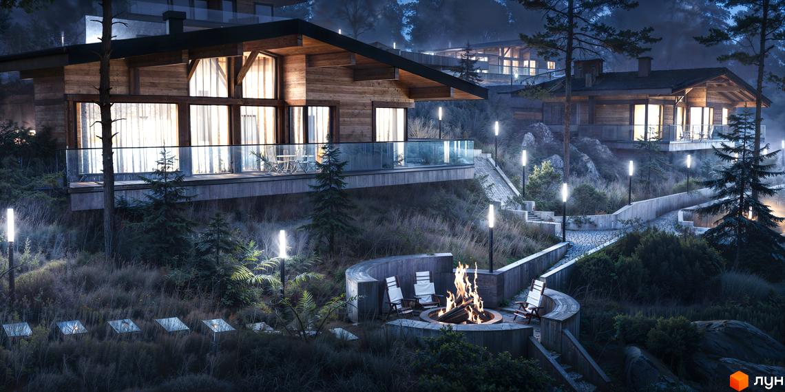 Котеджне містечко Veres Hill: дерев'яні будинки з панорамними вікнами та терасами, оточені лісом та освітленими алеями.