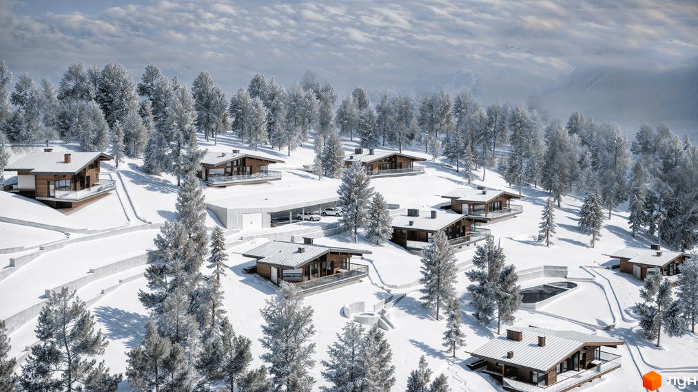 Котеджне містечко КМ Veres Hill, оточене засніженими деревами, з дерев'яними будинками та відкритими терасами. На території розташовані басейни та паркінг.