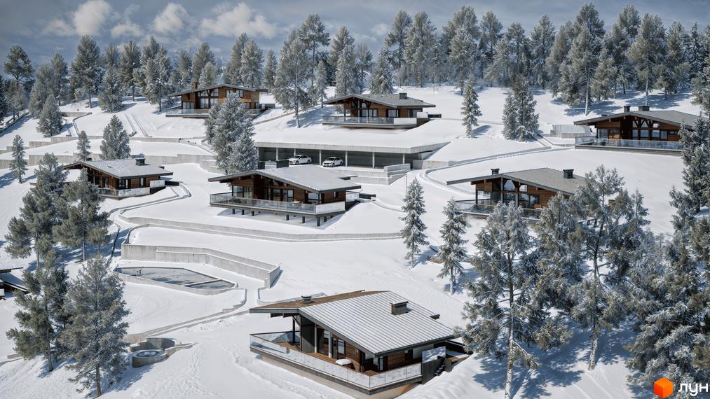 Котеджне містечко КМ Veres Hill у засніженому гірському ландшафті. Сучасні дерев'яні будинки з великими вікнами та терасами розташовані на схилах, оточені хвойними деревами.